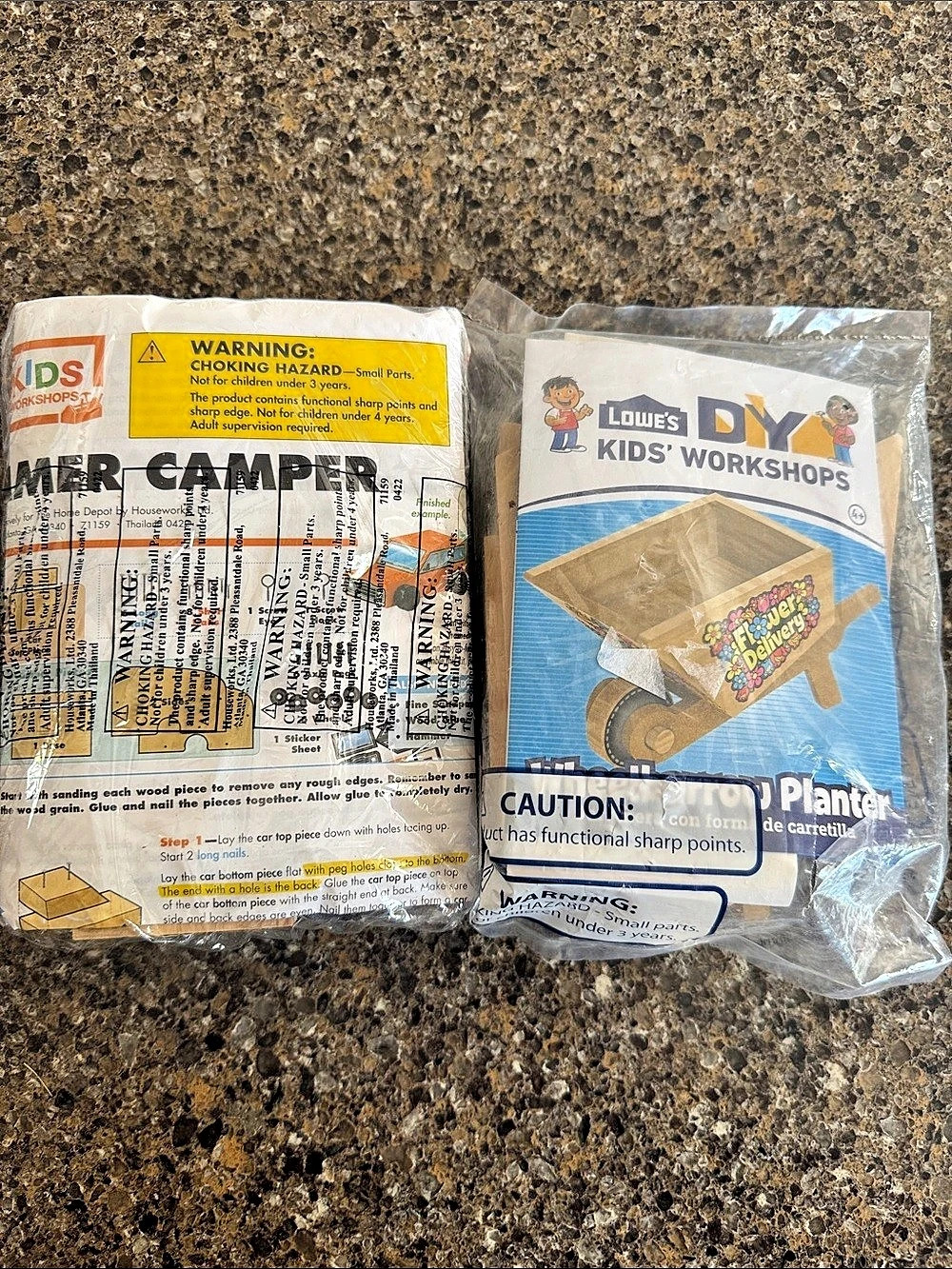Lowe's and Home Depot DIY Kids' Woodworking Kits - Sm Wheelbarrow & Car w/Camper